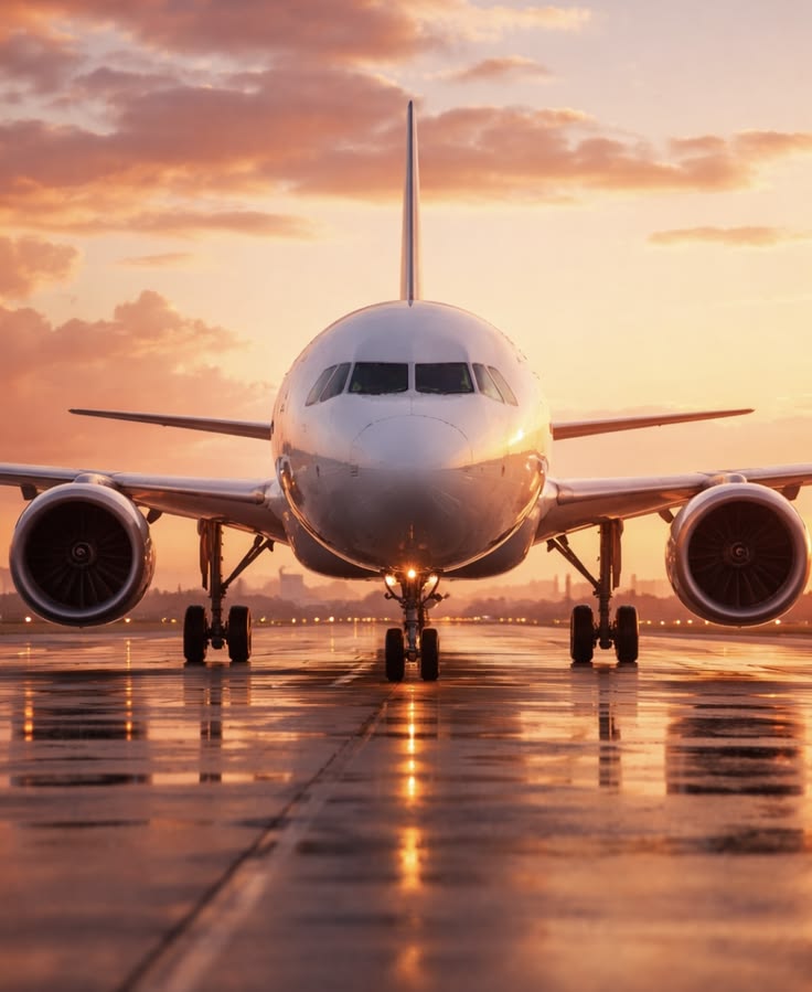 Passenger jet on a wet runway at sunrise